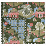 Lodhi Garden Baby Quilt hand printed with an illustrated green park life scene  featuring parakeets, joggers, a yogi, ducks, squirrels, palm trees and people enjoying the park.