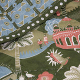 Detail of the Lodhi Garden Baby Quilt which features illustrations of palm trees, parakeets, monuments and people enjoying the park in nature inspired tones of green and blue.