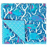 Blue Ocean Reef Baby Quilt Handprinted with an underwater scene of tropical fish.