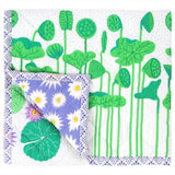 Lily Lotus Baby Quilt handprinted with vibrant green lotus stems and water lilies.
