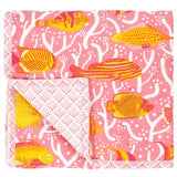 Pink Coral Reef Baby Quilt handprinted with an underwater scene of tropical fish and coral in colourful shades of pink, yellow and orange