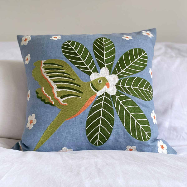 Parakeet Embroidered Cushion Cover